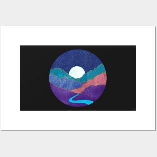 Abstract Moonlit Mountain Landscape Posters and Art